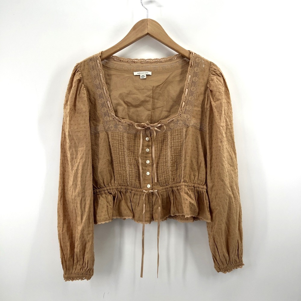 American Eagle Milkmaid Top Sz M Tan Cottage Peasant Boho Crochet Lace Coquette - Picture 2 of 15